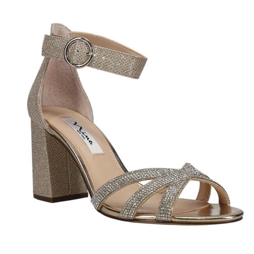 Nina size 9.5 gold heel rhinestones across toe strap, 3"